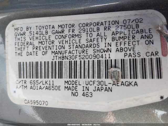 Продаж на аукціоні авто 2002 Lexus Ls 430, vin: JTHBN30F520090411, номер лоту: 45481043