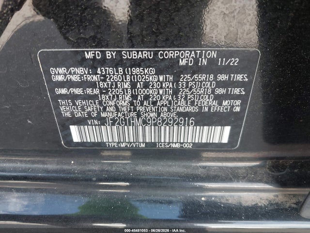 Aukcja sprzedaży 2023 Subaru Crosstrek Limited, vin: JF2GTHMC9P8292916, numer aukcji: 45481053