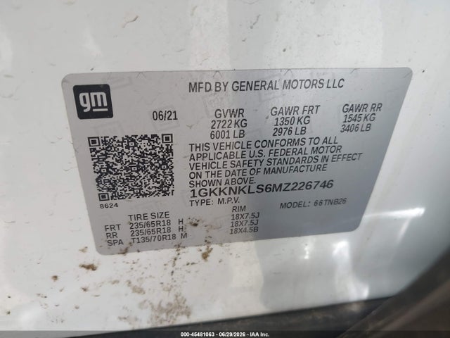 Aukcja sprzedaży 2021 Gmc Acadia Fwd Sle, vin: 1GKKNKLS6MZ226746, numer aukcji: 45481063