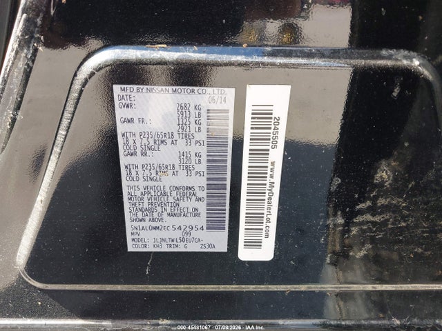 Aukcja sprzedaży 2014 Infiniti Qx60, vin: 5N1AL0MM2EC542954, numer aukcji: 45481067