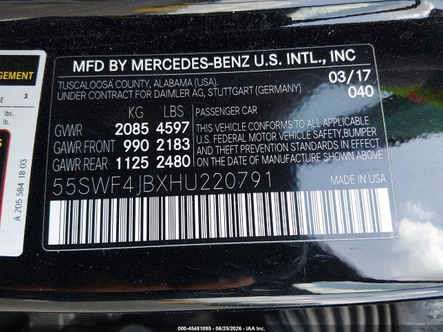 45481095 :رقم المزاد ، 55SWF4JBXHU220791 vin ، 2017 Mercedes-benz C 300 مزاد بيع