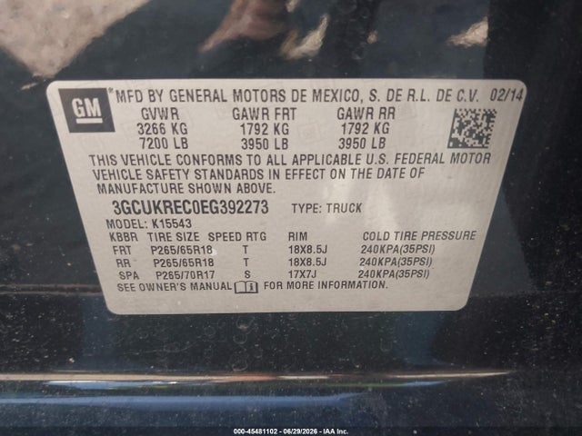 Продаж на аукціоні авто 2014 Chevrolet Silverado 1500 Lt, vin: 3GCUKREC0EG392273, номер лоту: 45481102