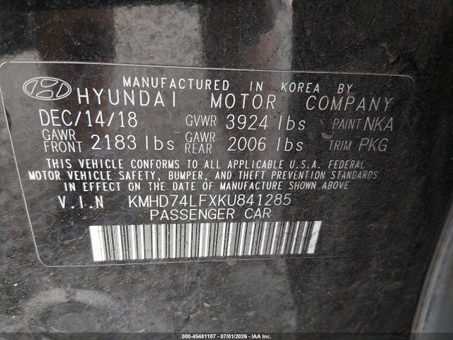 KMHD74LFXKU841285 Hyundai ELANTRA SE