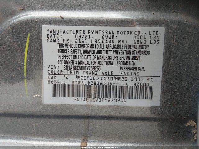 Продажа на аукционе авто 2021 Nissan Sentra Sv Xtronic Cvt, vin: 3N1AB8CV0MY259266, номер лота: 45481112