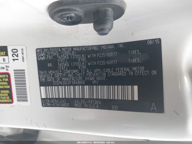 5TDYK3DCXFS649846 Toyota Sienna Xle Premium 8 Passenger