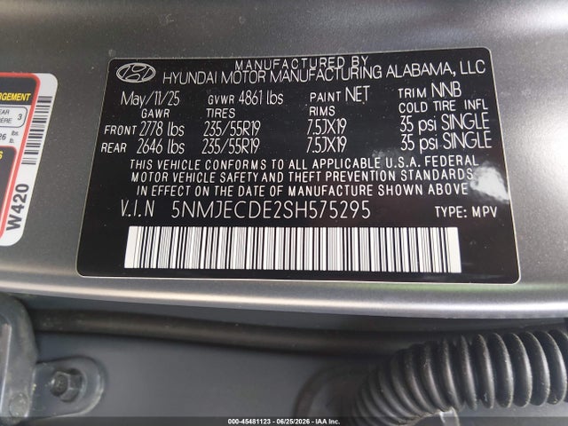 Продажа на аукционе авто 2025 Hyundai Tucson Limited, vin: 5NMJECDE2SH575295, номер лота: 45481123