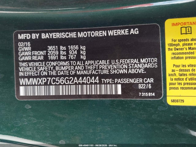 Продаж на аукціоні авто 2016 Mini Hardtop Cooper S, vin: WMWXP7C56G2A44044, номер лоту: 45481153