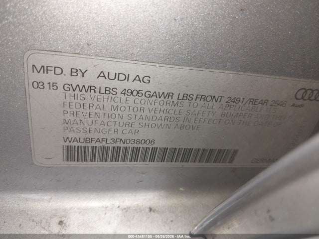 Aukcja sprzedaży 2015 Audi A4 2.0t Premium, vin: WAUBFAFL3FN038006, numer aukcji: 45481155