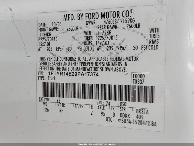 45481188 :رقم المزاد ، 1FTYR14E29PA17374 vin ، 2009 Ford Ranger Sport/xl/xlt مزاد بيع