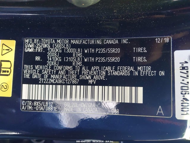 2T2ZZMCAXKC127867 Lexus RX 350