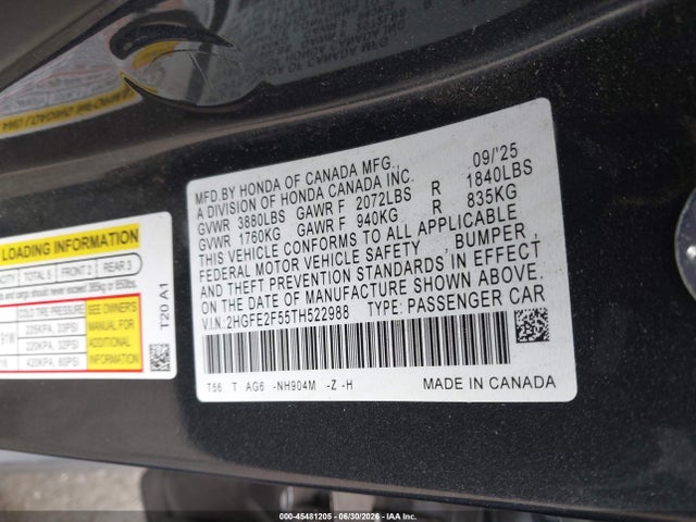 Honda Civic Sport 2026 2HGFE2F55TH522988 Image 9