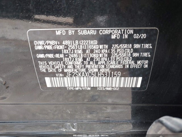 2020 Subaru Forester Touring მანქანა იყიდება აუქციონზე, vin: JF2SKAXC5LH531159, აუქციონის ნომერი: 45481222