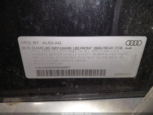45481229 :رقم المزاد ، WAU3GAFD5FN040897 vin ، 2015 Audi A8 L 3.0t مزاد بيع