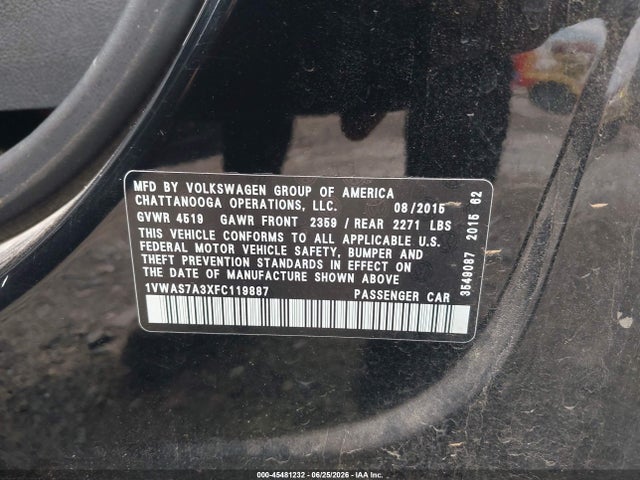 Продажа на аукционе авто 2015 Volkswagen Passat 1.8t Limited Edition, vin: 1VWAS7A3XFC119887, номер лота: 45481232
