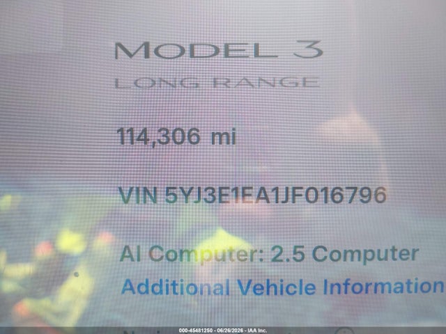 Продажа на аукционе авто 2018 Tesla Model 3 Long Range/mid Range, vin: 5YJ3E1EA1JF016796, номер лота: 45481250