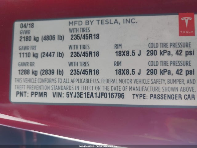 Продажа на аукционе авто 2018 Tesla Model 3 Long Range/mid Range, vin: 5YJ3E1EA1JF016796, номер лота: 45481250