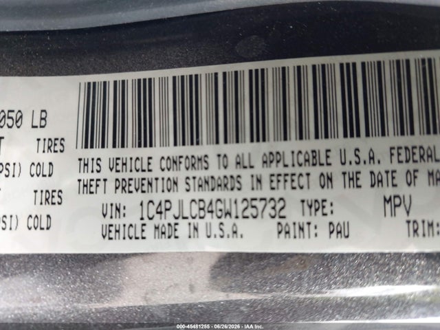 2016 Jeep Cherokee Latitude მანქანა იყიდება აუქციონზე, vin: 1C4PJLCB4GW125732, აუქციონის ნომერი: 45481255