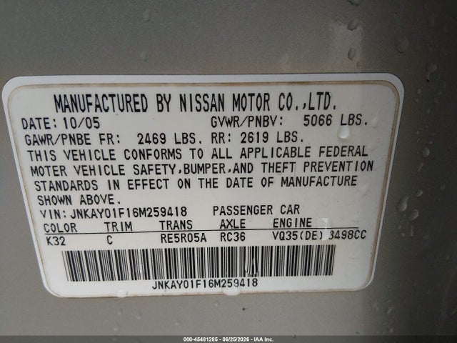 Продаж на аукціоні авто 2006 Infiniti M35x, vin: JNKAY01F16M259418, номер лоту: 45481285
