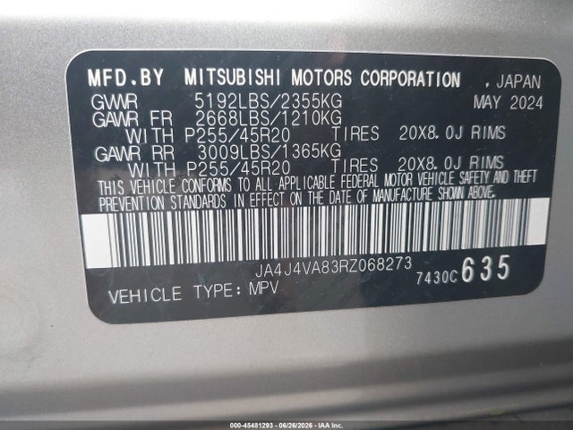 2024 Mitsubishi Outlander Se 2.5 S-awc/se Black Edition S-awc/se Black Edition W/pano Roof S-awc/se Ralliart S-awc მანქანა იყიდება აუქციონზე, vin: JA4J4VA83RZ068273, აუქციონის ნომერი: 45481293