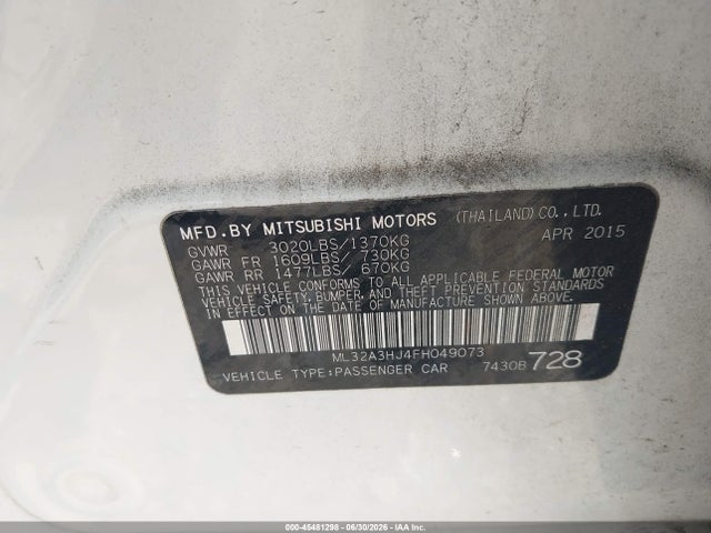 Auction sale of the 2015 Mitsubishi Mirage De, vin: ML32A3HJ4FH049073, lot number: 45481298