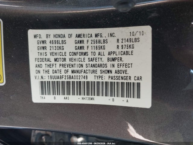 45481299 :رقم المزاد ، 19UUA8F25BA002749 vin ، 2011 Acura Tl 3.5 مزاد بيع