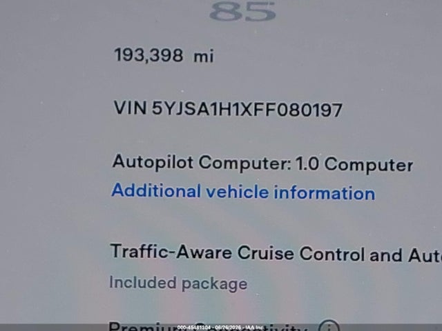 Aukcja sprzedaży 2015 Tesla Model S 60/70/85, vin: 5YJSA1H1XFF080197, numer aukcji: 45481304