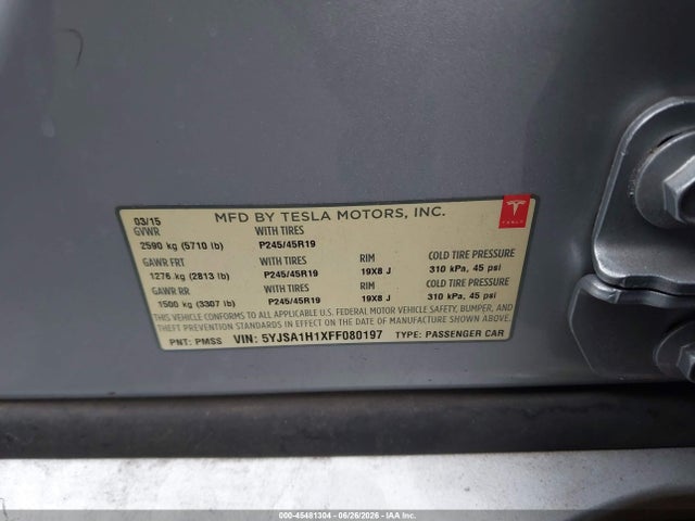 Продаж на аукціоні авто 2015 Tesla Model S 60/70/85, vin: 5YJSA1H1XFF080197, номер лоту: 45481304