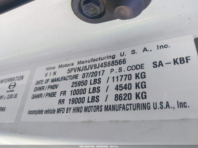 Продажа на аукционе авто 2018 Hino 258/268, vin: 5PVNJ8JV9J4S68566, номер лота: 45481326