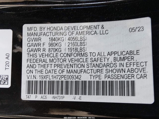 19XFL1H72PE009342 Honda Civic Ex-l/ex-l W/o Bsi