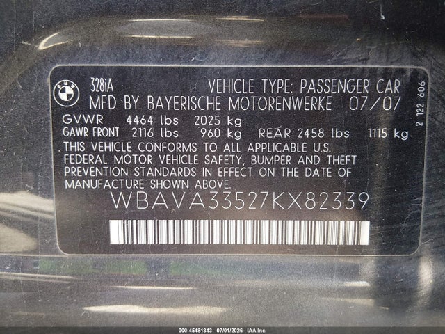 45481343 :رقم المزاد ، WBAVA33527KX82339 vin ، 2007 Bmw 328i مزاد بيع