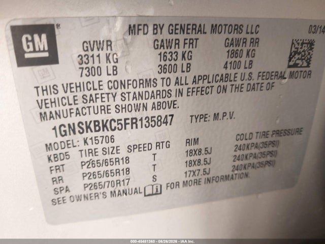 Продажа на аукционе авто 2015 Chevrolet Tahoe Lt, vin: 1GNSKBKC5FR135847, номер лота: 45481360