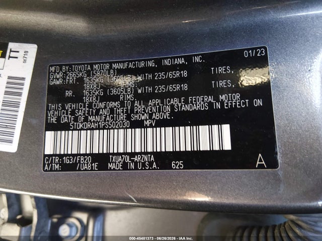 5TDKDRAH1PS502030 Toyota Highlander Le