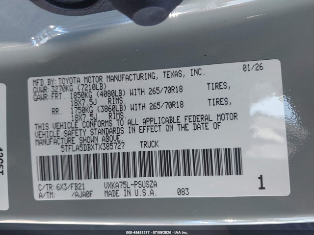 Продаж на аукціоні авто 2026 Toyota Tundra Sr5 Crewmax 5.5' Bed, vin: 5TFLA5DBXTX385727, номер лоту: 45481377