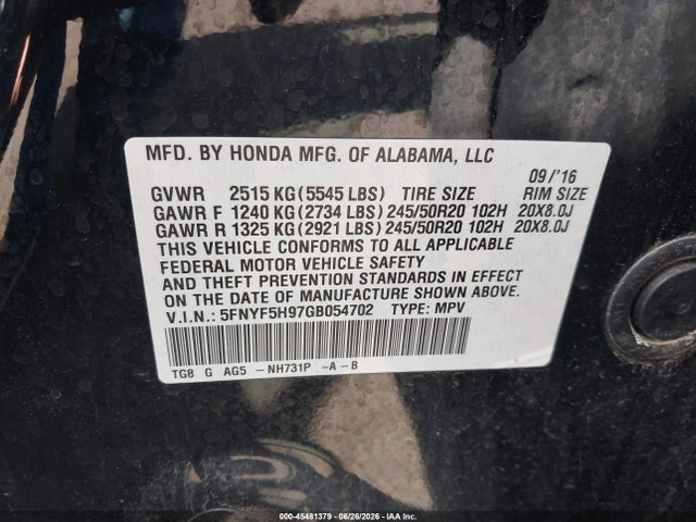 Honda Pilot Touring 2016 5FNYF5H97GB054702 Image 9