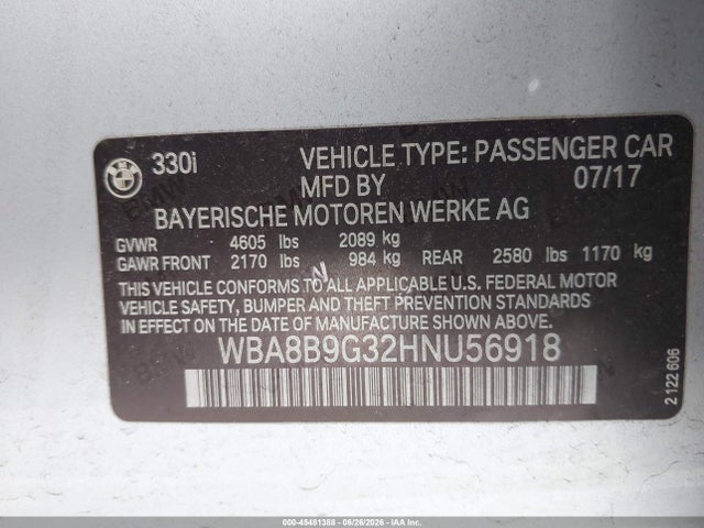 2017 Bmw 3 Series 330i მანქანა იყიდება აუქციონზე, vin: WBA8B9G32HNU56918, აუქციონის ნომერი: 45481388