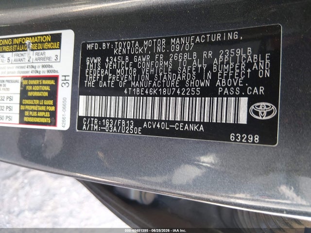 Aukcja sprzedaży 2008 Toyota Camry Le, vin: 4T1BE46K18U742255, numer aukcji: 45481395