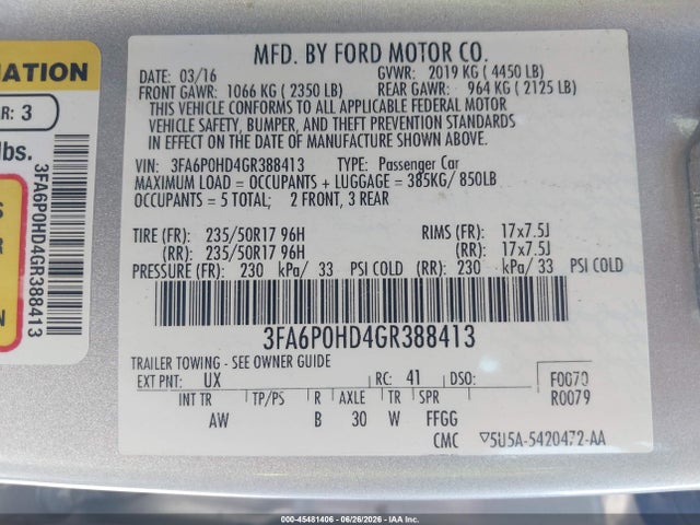 Ford FUSION SE 2016 3FA6P0HD4GR388413 Image 9