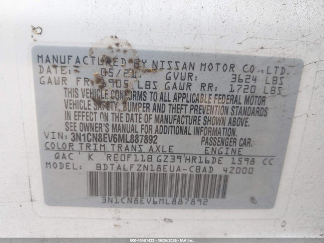 45481433 :رقم المزاد ، 3N1CN8EV6ML887892 vin ، 2021 Nissan Versa Sv Xtronic Cvt مزاد بيع