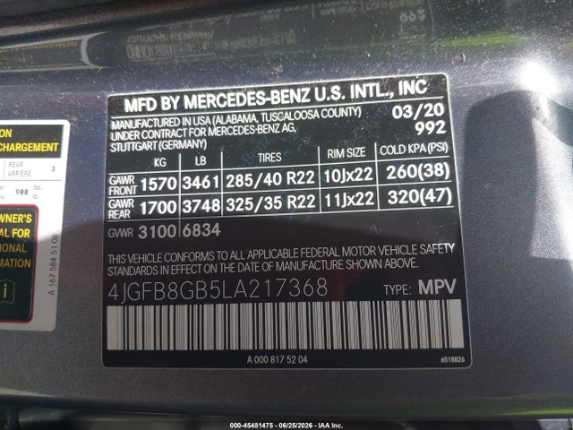2020 Mercedes-benz Gle 580 4matic მანქანა იყიდება აუქციონზე, vin: 4JGFB8GB5LA217368, აუქციონის ნომერი: 45481475