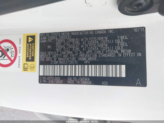 Aukcja sprzedaży 2012 Lexus Rx 350, vin: 2T2BK1BA0CC126010, numer aukcji: 45481481