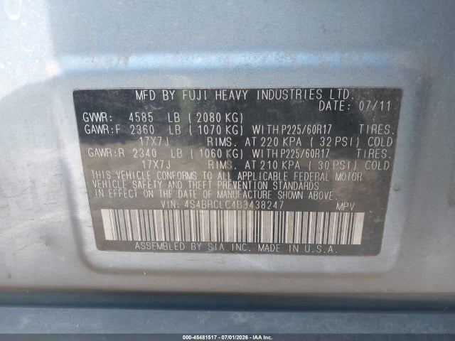 45481517 :رقم المزاد ، 4S4BRCLC4B3438247 vin ، 2011 Subaru Outback 2.5i Limited مزاد بيع