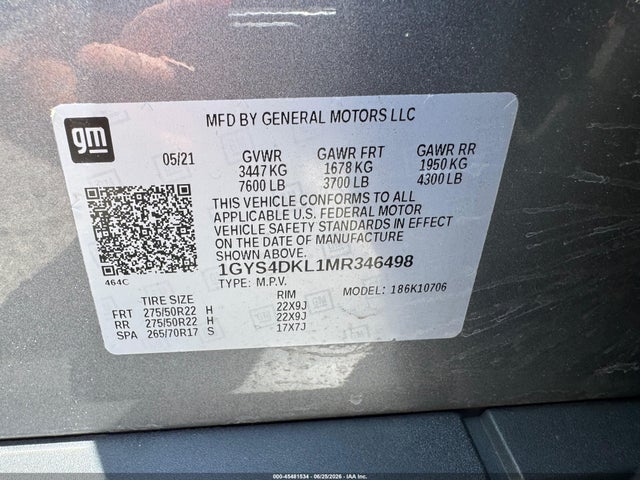 45481534 :رقم المزاد ، 1GYS4DKL1MR346498 vin ، 2021 Cadillac Escalade 4wd Premium Luxury Platinum مزاد بيع