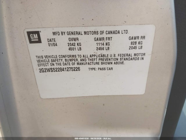 45481538 :رقم المزاد ، 2G2WS522841275226 vin ، 2004 Pontiac Grand Prix Gt2 مزاد بيع