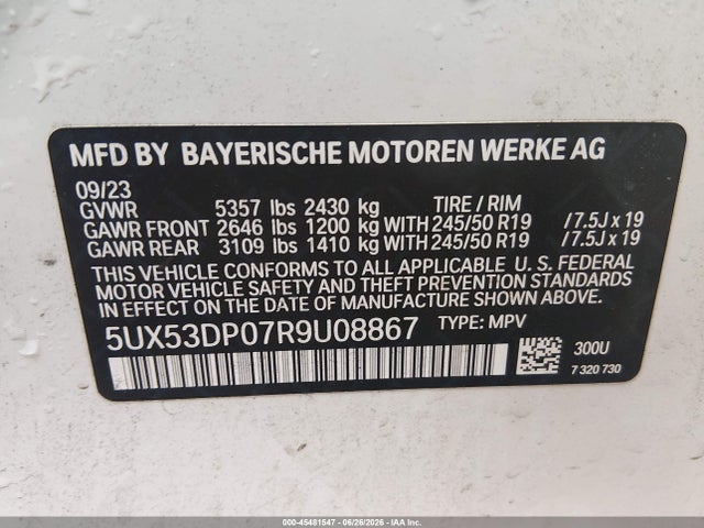 2024 Bmw X3 Xdrive30i მანქანა იყიდება აუქციონზე, vin: 5UX53DP07R9U08867, აუქციონის ნომერი: 45481547