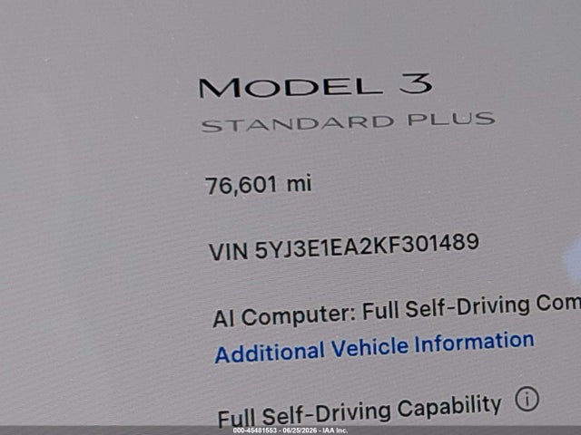 Продаж на аукціоні авто 2019 Tesla Model 3 Long Range/mid Range/standard Range/standard Range Plus, vin: 5YJ3E1EA2KF301489, номер лоту: 45481553