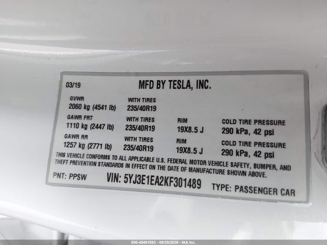 Продаж на аукціоні авто 2019 Tesla Model 3 Long Range/mid Range/standard Range/standard Range Plus, vin: 5YJ3E1EA2KF301489, номер лоту: 45481553