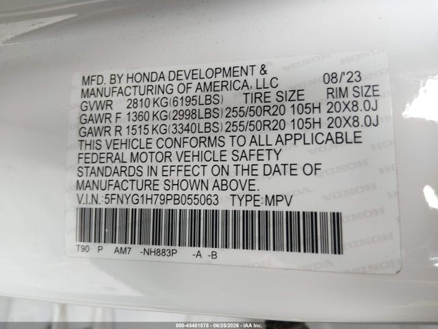 5FNYG1H79PB055063 Honda Pilot Awd Touring