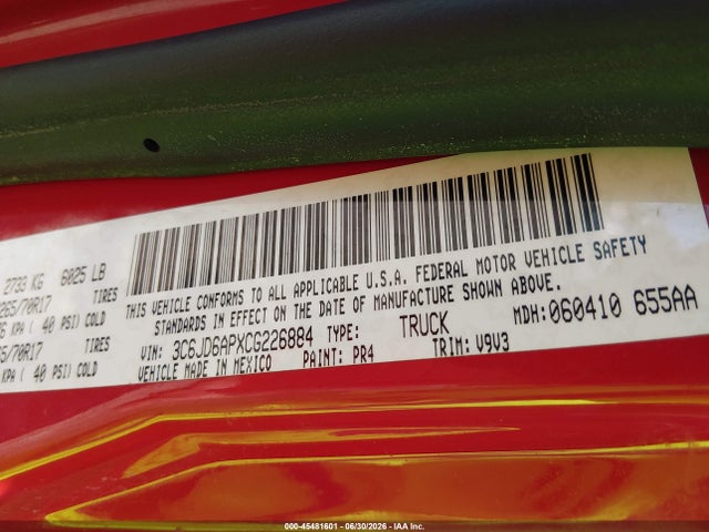 2012 Ram 1500 St მანქანა იყიდება აუქციონზე, vin: 3C6JD6APXCG226884, აუქციონის ნომერი: 45481601