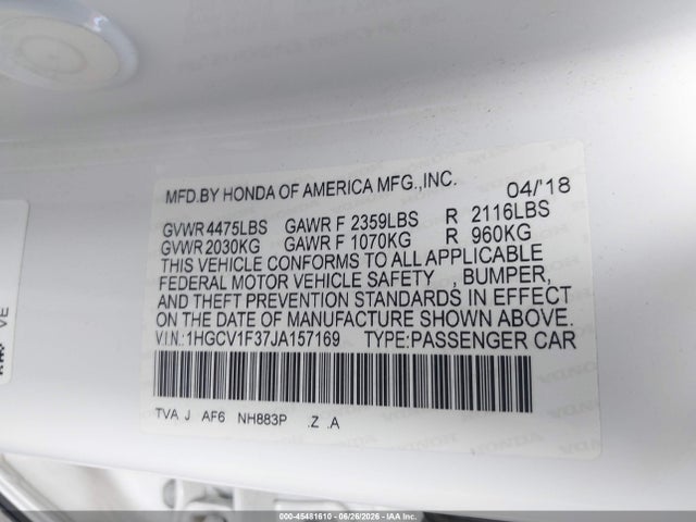 1HGCV1F37JA157169 Honda Accord Sport