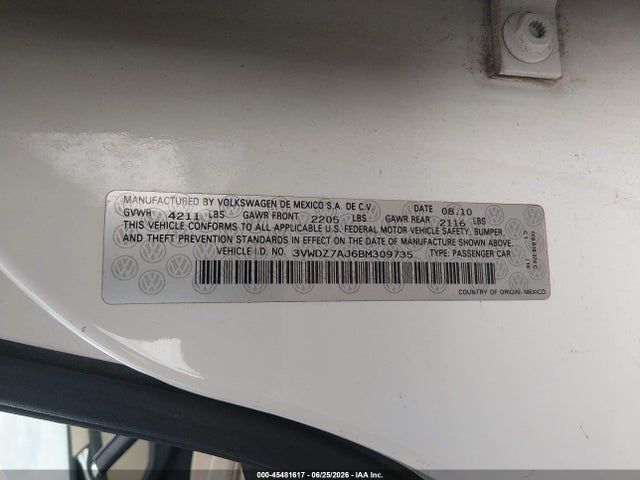 45481617 :رقم المزاد ، 3VWDZ7AJ6BM309735 vin ، 2011 Volkswagen Jetta 2.5l Se مزاد بيع